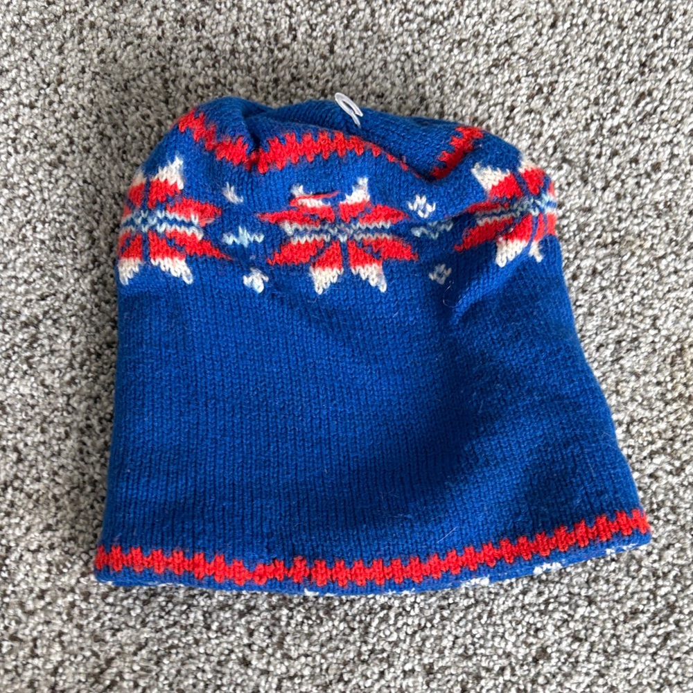 Blue Knit Beanie with Red and White Pattern